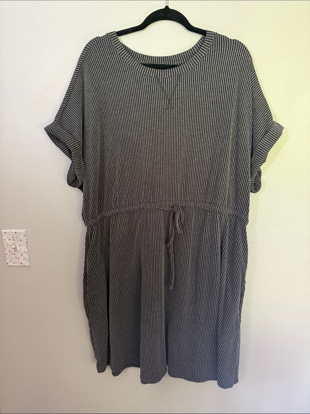 Casual Black & Gray Striped Midi Dress with Drawstring Waist